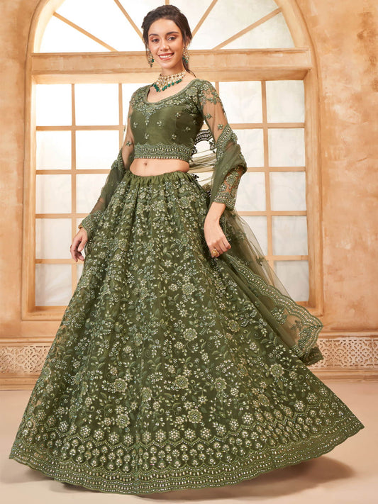 Olive Green Color Heavy Embroidered Net Lehenga Choli With Dupatta