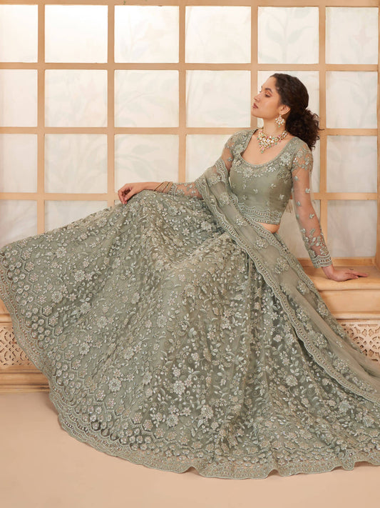 Ice Blue Color Heavy Embroidered Net Lehenga Choli With Dupatta