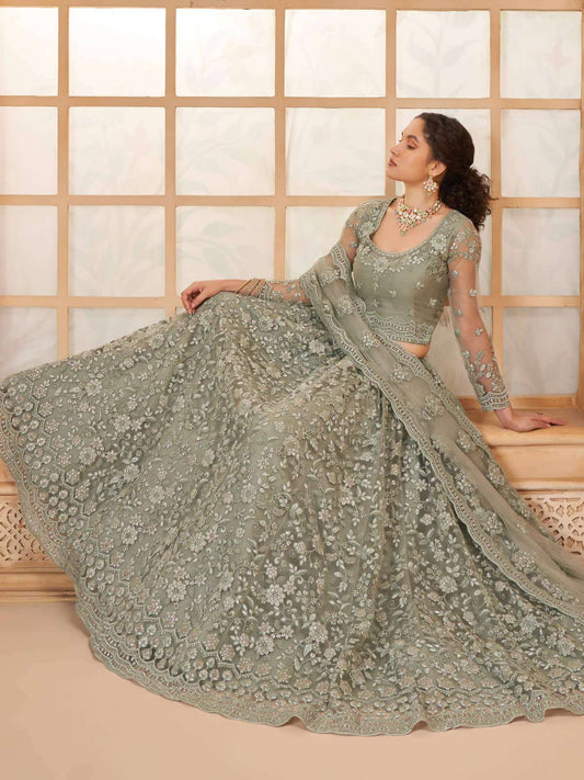 Ice Blue Color Heavy Embroidered Net Lehenga Choli With Dupatta