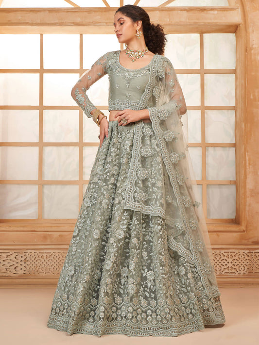 Ice Blue Color Heavy Embroidered Net Lehenga Choli With Dupatta