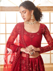 Red Color Heavy Embroidered Net Lehenga Choli With Dupatta