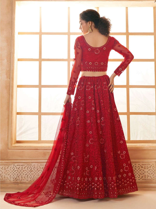 Red Color Heavy Embroidered Net Lehenga Choli With Dupatta
