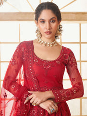 Red Color Heavy Embroidered Net Lehenga Choli With Dupatta