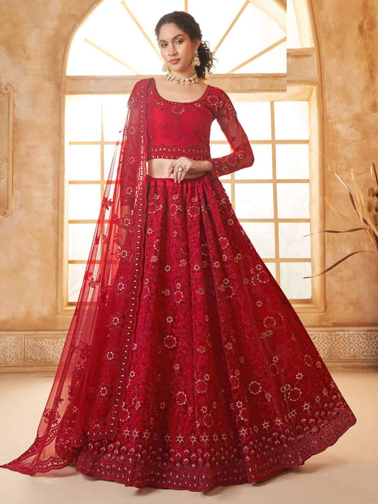 Red Color Heavy Embroidered Net Lehenga Choli With Dupatta