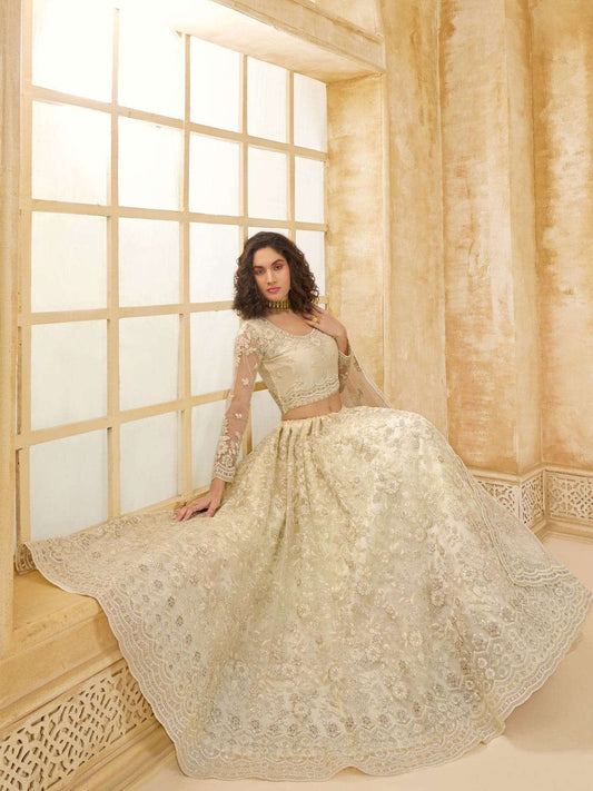 Adorable Ivory Color Heavy Embroidered Net Lehenga Choli With Dupatta