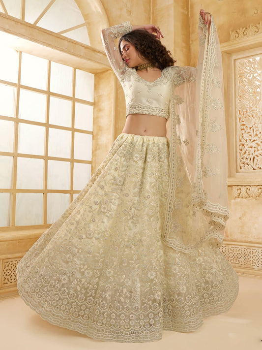 Adorable Ivory Color Heavy Embroidered Net Lehenga Choli With Dupatta