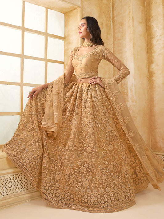 Adorable Golden Color Heavy Embroidered Net Lehenga Choli With Dupatta
