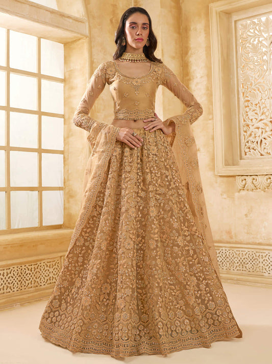Adorable Golden Color Heavy Embroidered Net Lehenga Choli With Dupatta