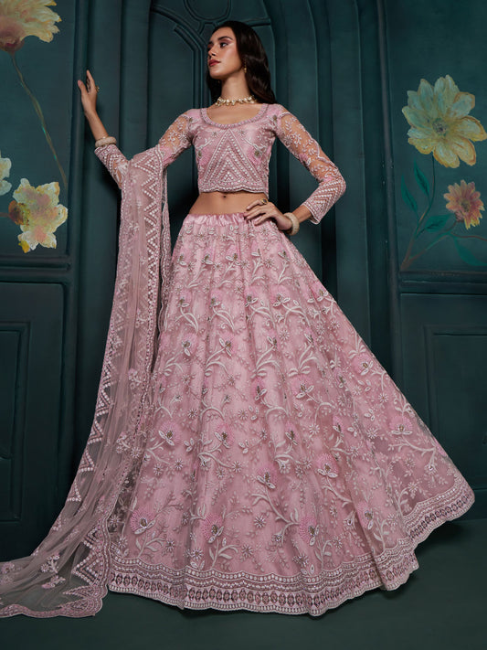 Blush Pink Heavy Embroidered Net Lehenga Choli