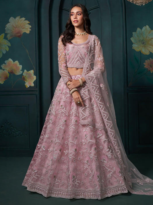 Blush Pink Heavy Embroidered Net Lehenga Choli