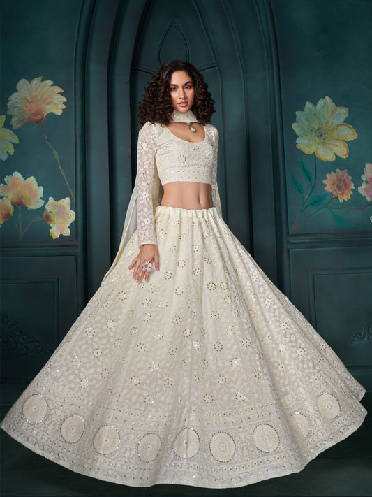 Off White Heavy Embroidered Lucknowi Lehenga Choli