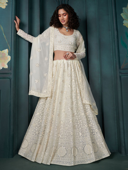 Off White Heavy Embroidered Lucknowi Lehenga Choli