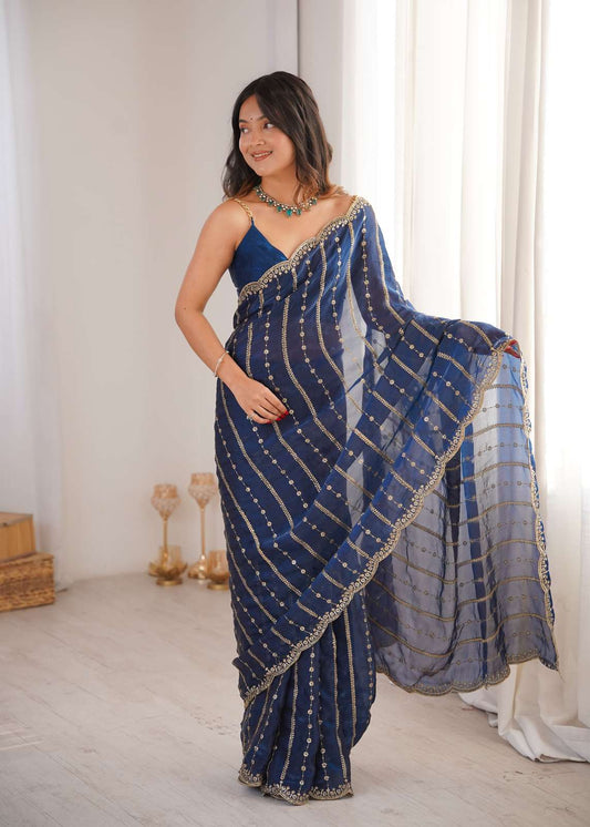 Royal Blue Fendi Satin Sequence Embroidery Saree