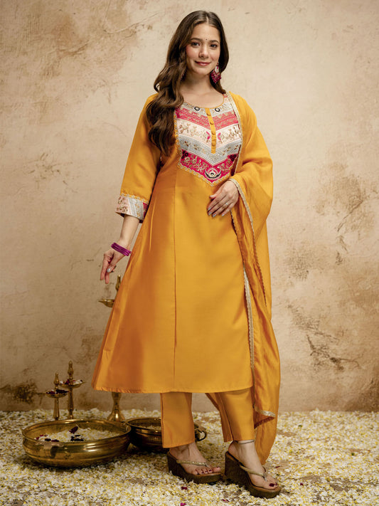 Yellow Designer Chanderi Cottan Partywear Kurta Set