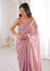 Pink Fendi Satin Sequence Embroidery Saree