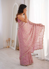 Pink Fendi Satin Sequence Embroidery Saree