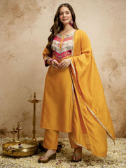 Yellow Designer Chanderi Cottan Partywear Kurta Set