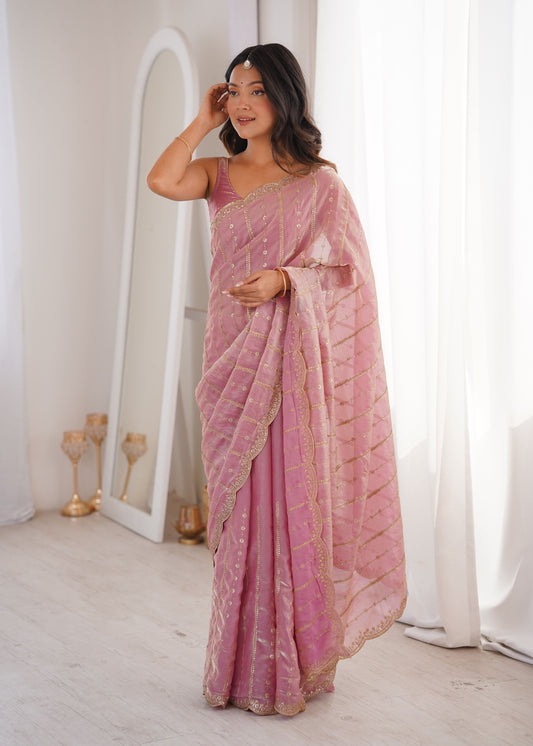 Pink Fendi Satin Sequence Embroidery Saree