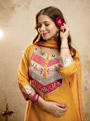 Yellow Designer Chanderi Cottan Partywear Kurta Set