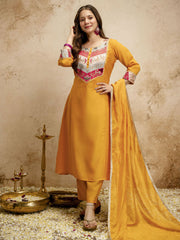 Yellow Designer Chanderi Cottan Partywear Kurta Set