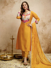 Yellow Designer Chanderi Cottan Partywear Kurta Set