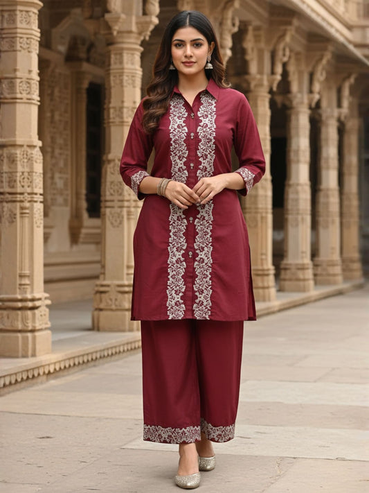 Embroidered Top With Palazzos Co-Ords