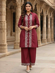 Embroidered Top With Palazzos Co-Ords