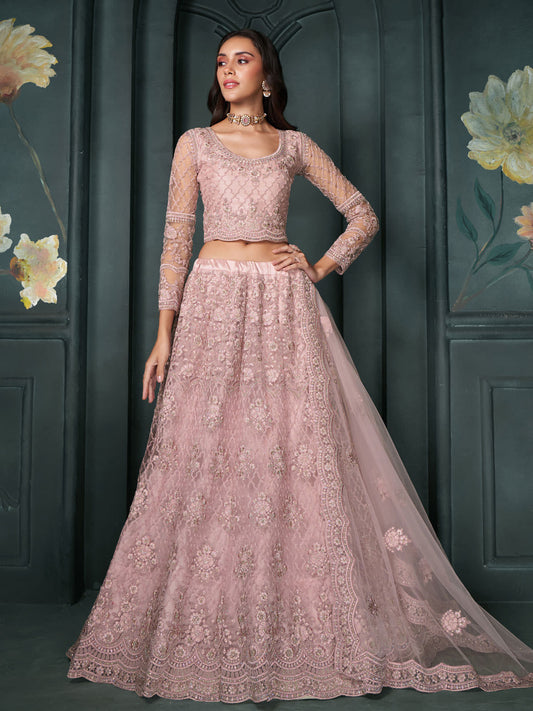 Blush Pink Heavy Embroidered Net Lehenga Choli