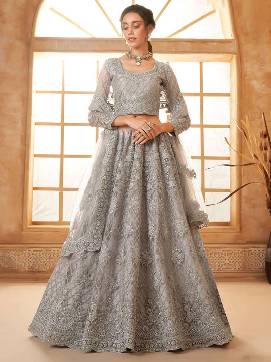 Grey Color Heavy Embroidered Net Lehenga Choli With Dupatta