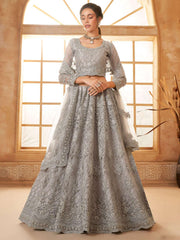 Grey Color Heavy Embroidered Net Lehenga Choli With Dupatta