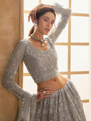 Grey Color Heavy Embroidered Net Lehenga Choli With Dupatta