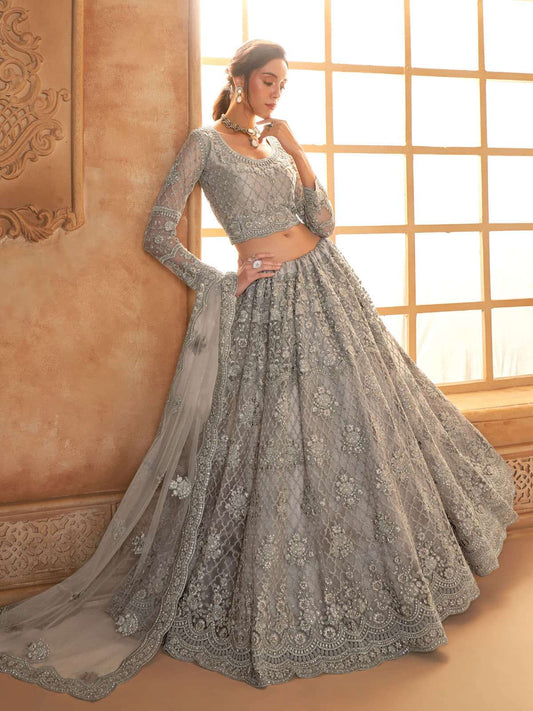 Grey Color Heavy Embroidered Net Lehenga Choli With Dupatta