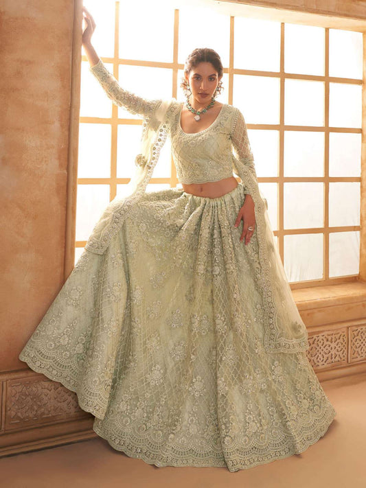 Pista Green Color Heavy Embroidered Net Lehenga Choli With Dupatta