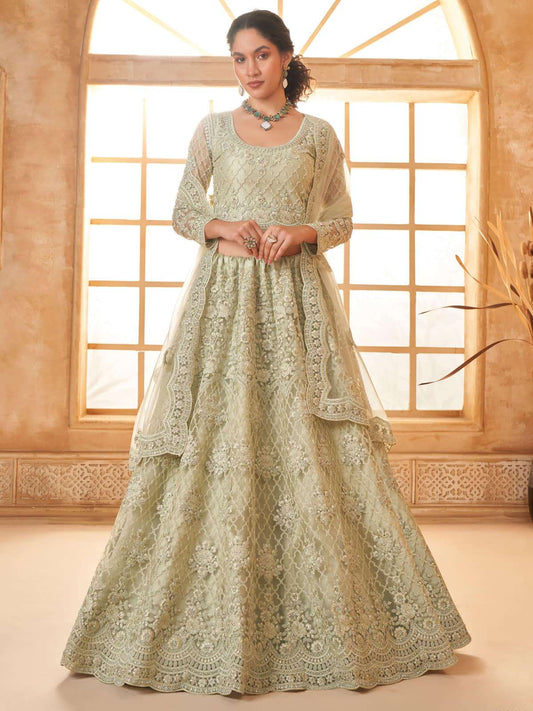 Pista Green Color Heavy Embroidered Net Lehenga Choli With Dupatta