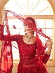 Red Color Heavy Embroidered Net Lehenga Choli With Dupatta