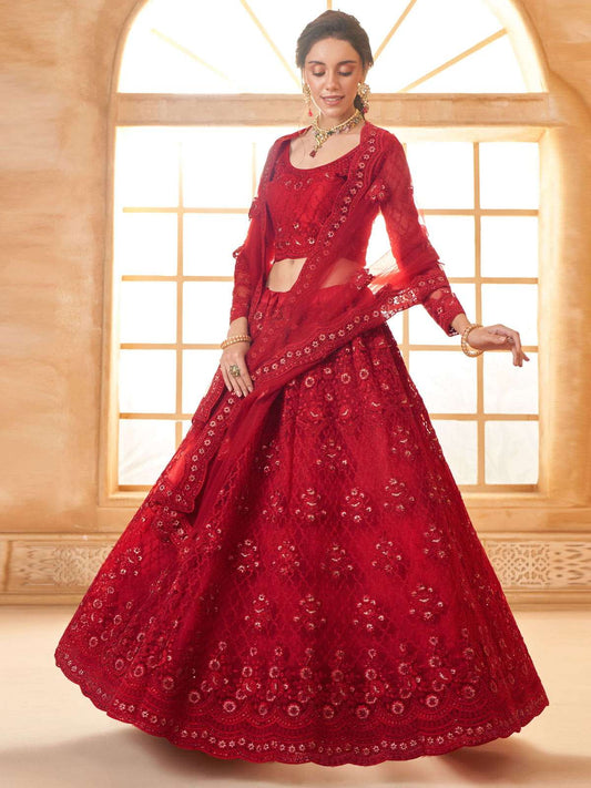 Red Color Heavy Embroidered Net Lehenga Choli With Dupatta