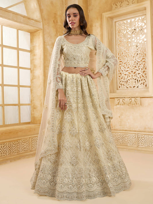Fantastic Ivory Color Heavy Embroidered Net Lehenga Choli With Dupatta
