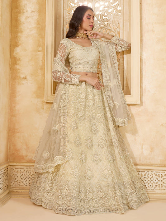 Fantastic Ivory Color Heavy Embroidered Net Lehenga Choli With Dupatta