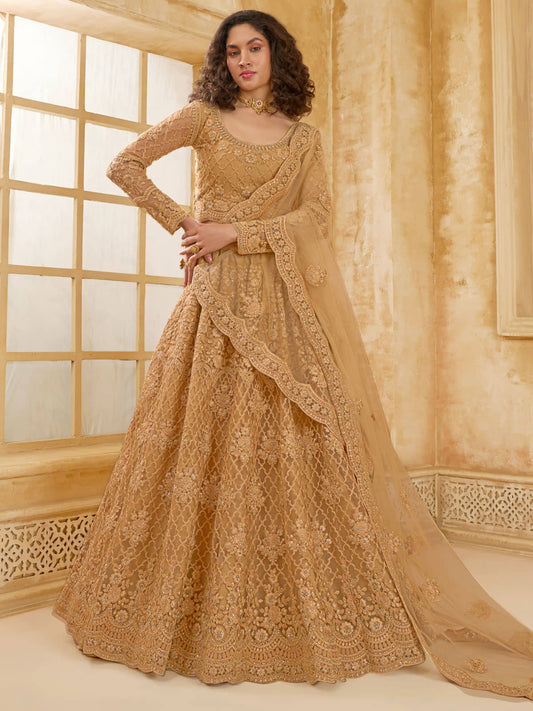 Fastastic Golden Color Heavy Embroidered Net Lehenga Choli With Dupatta