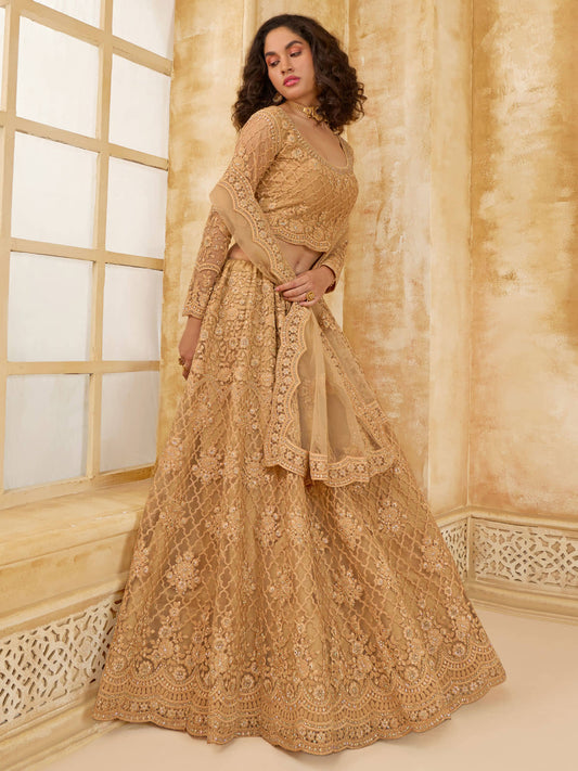 Fastastic Golden Color Heavy Embroidered Net Lehenga Choli With Dupatta