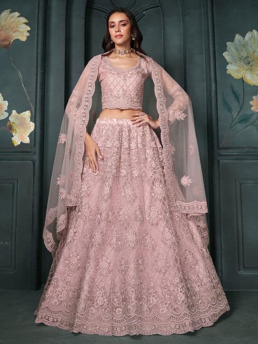 Blush Pink Heavy Embroidered Net Lehenga Choli