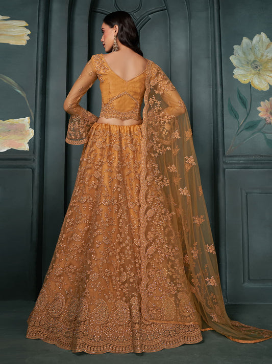 Rust Color Heavy Embroidered Lehenga Choli on Net