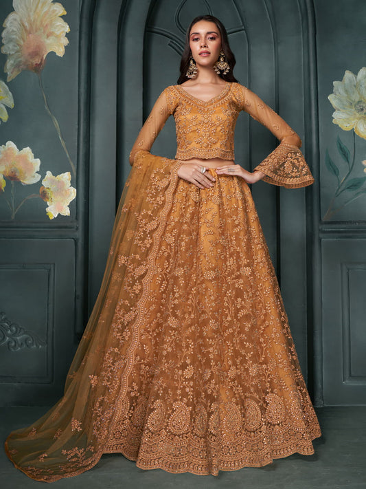 Rust Color Heavy Embroidered Lehenga Choli on Net