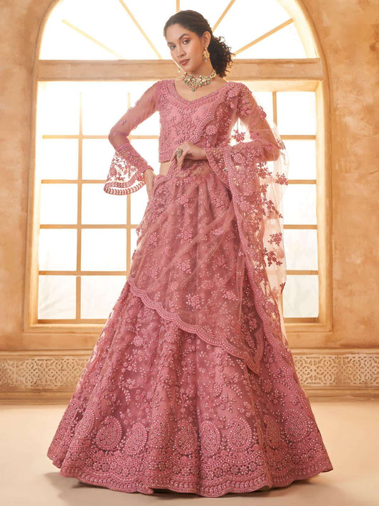 Gajri Color Heavy Embroidered Net Lehenga Choli With Dupatta