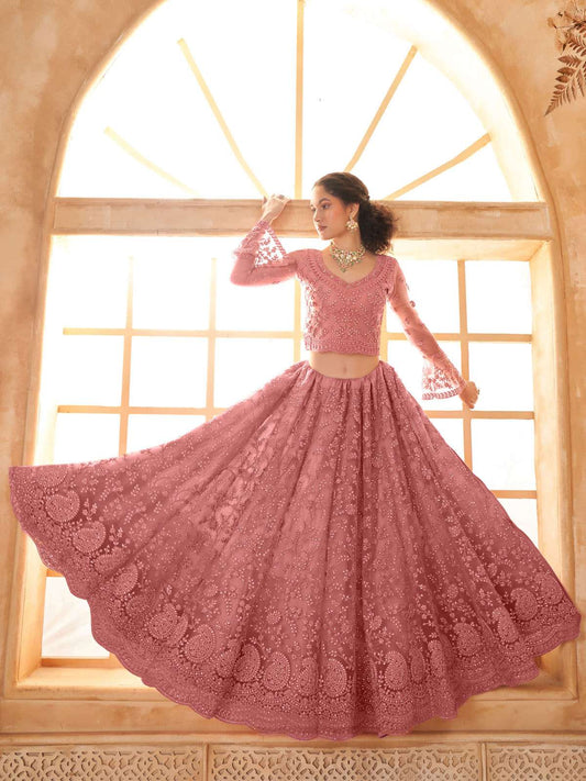 Gajri Color Heavy Embroidered Net Lehenga Choli With Dupatta