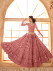 Gajri Color Heavy Embroidered Net Lehenga Choli With Dupatta