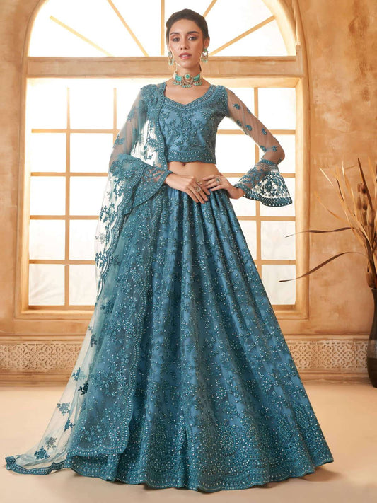 Sea Blue Color Heavy Embroidered Net Lehenga Choli With Dupatta