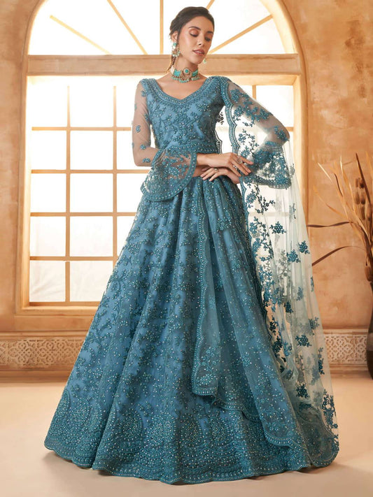 Sea Blue Color Heavy Embroidered Net Lehenga Choli With Dupatta