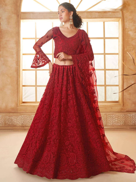 Red Color Heavy Embroidered Net Lehenga Choli With Dupatta