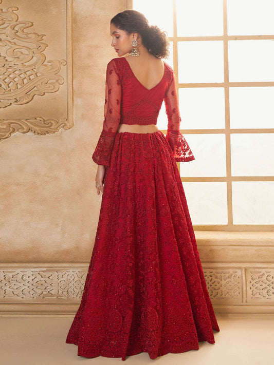 Red Color Heavy Embroidered Net Lehenga Choli With Dupatta